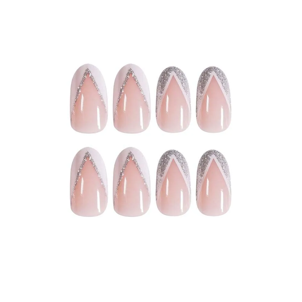 24Pcs/Box Detachable Fake Nails French Manicure Oval Head White And Silver Rim Design Artificial Nails With Glue For Girls images - 6