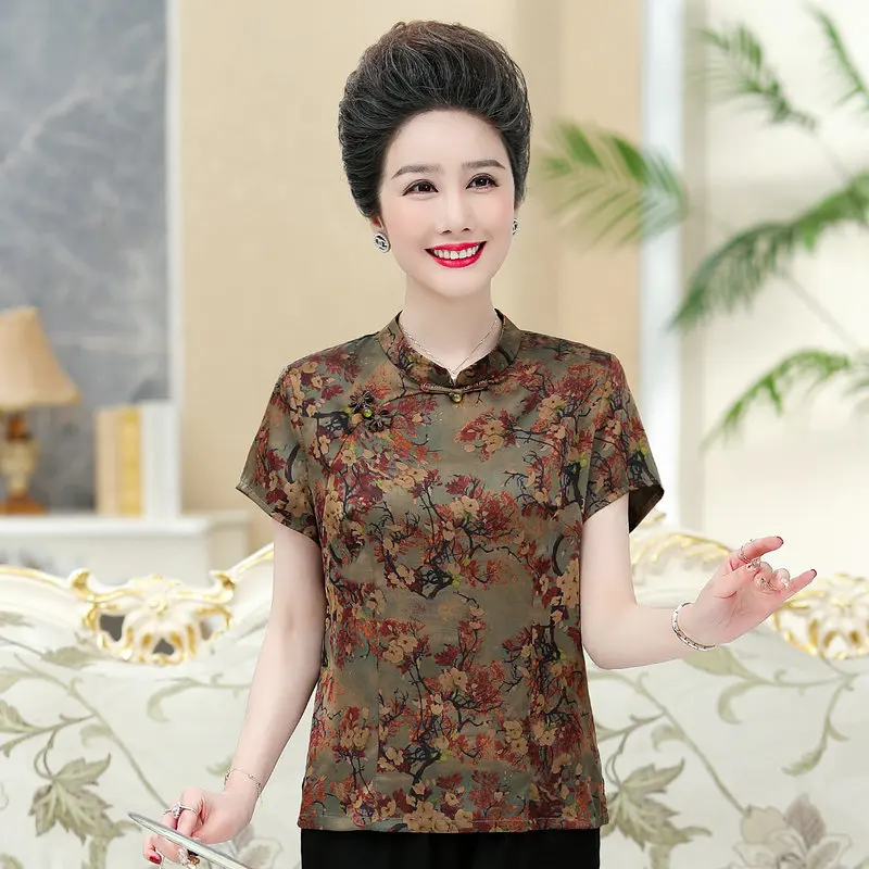 

Oriental Style Red Brown Flroal Print Silk Satin Blouses Women Summer Mandarin Collar Short Sleeve Braid Buttin Neck Tunic Top