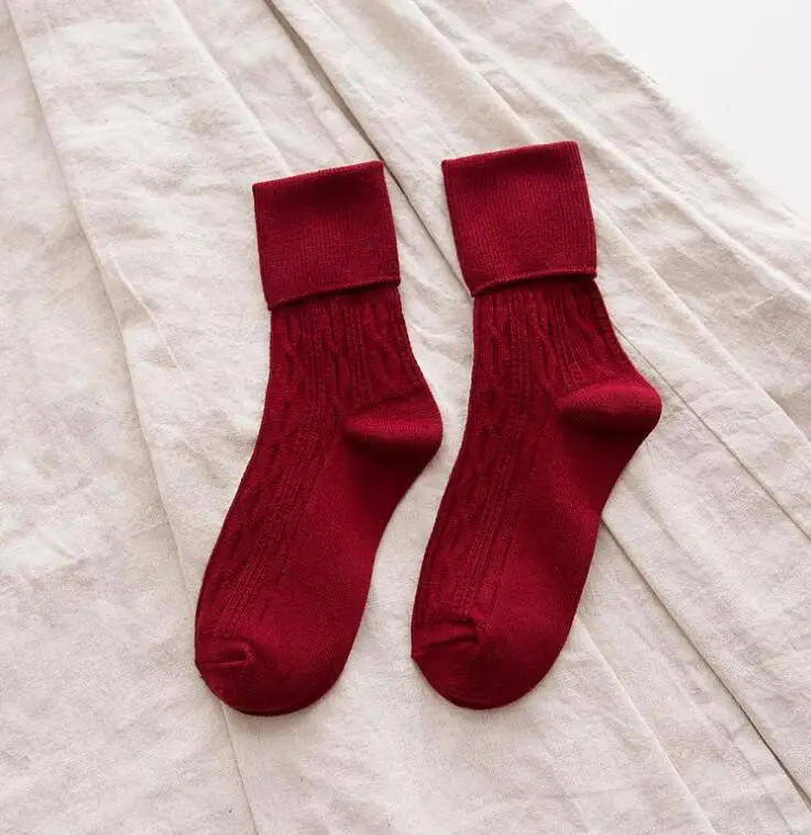 SOCKS 05 Осень и зима новые женские носки ретро твист широкий рот с манжетами дикий ворс сплошной цвет хлопчатобумажные носки - Цвет: SOCKS 05