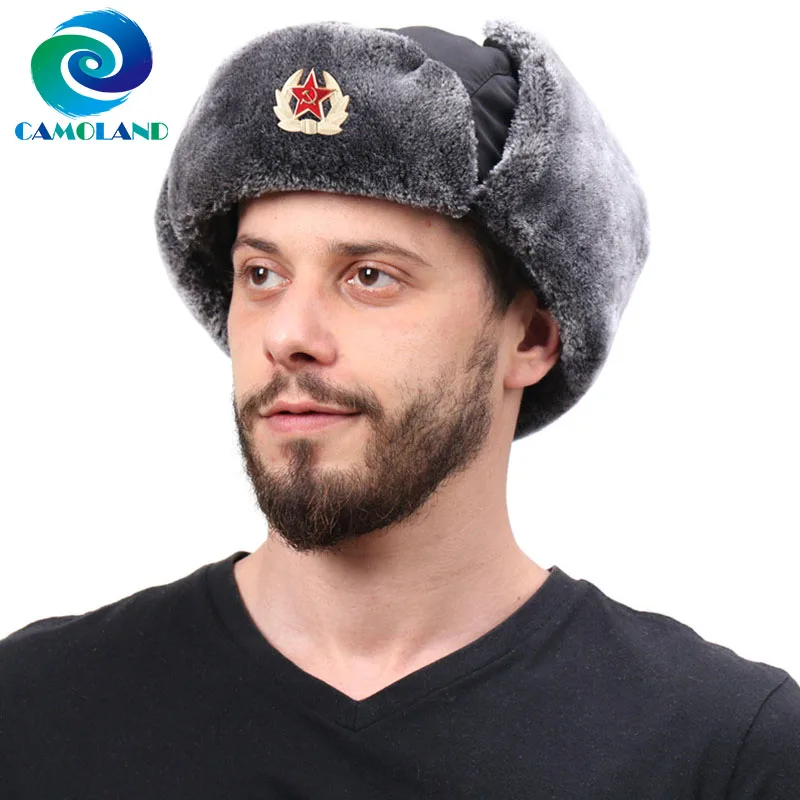 CAMOLAND-sombreros de bombardero impermeables para hombre y mujer, gorra térmica de piel sintética con solapa para las orejas, con insignia soviético, Ushanka, Rusia