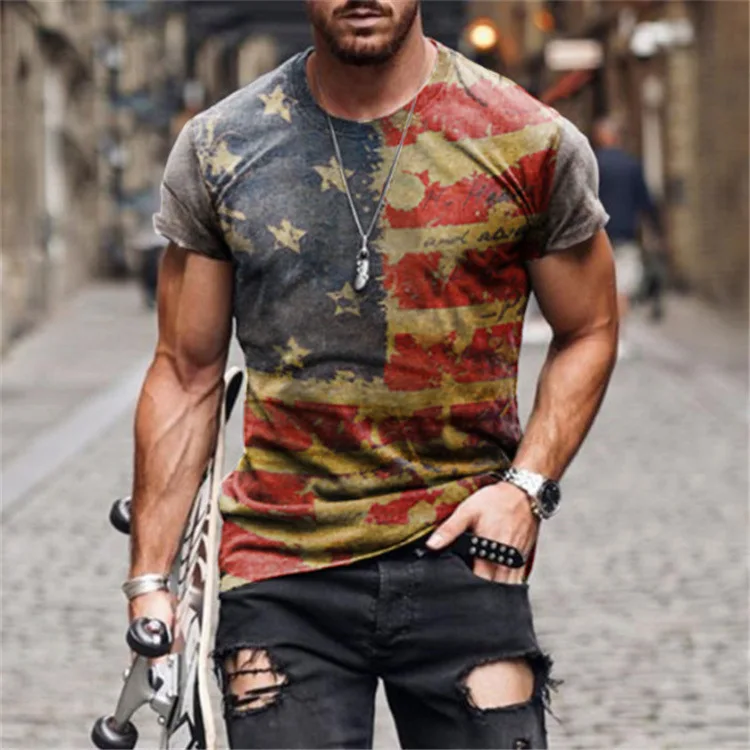 

2021 Summer casual fashion T-shirt round neck loose oversized muscle streetwear flag printing 3D T-shirt quick-drying T-shirt