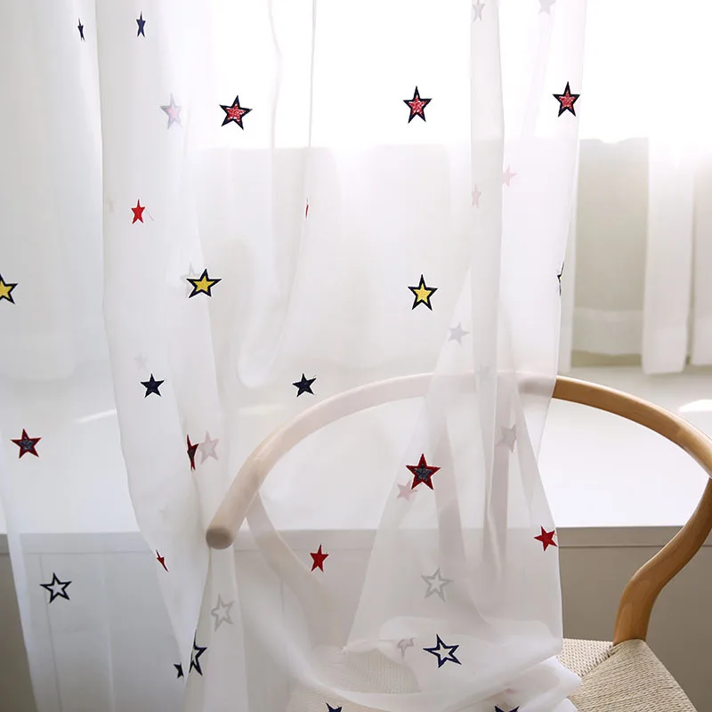 

White Star Embroidered Tulle Curtains For Living Room Sheer Curtains Kids Baby Room Door Window Curtains