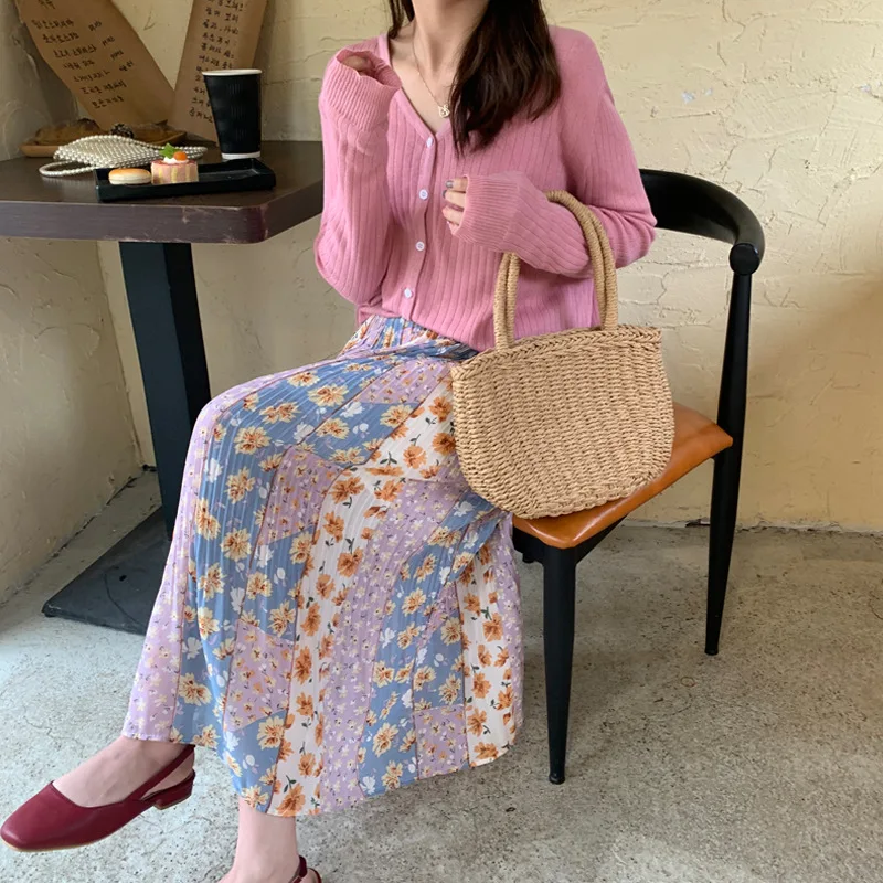 

Summer Skirts Womens 2021 New Vintage Floral Print Chiffon Pleated Skirt Elastic High Waist Casual Midi Skirt Women Clothes Jupe