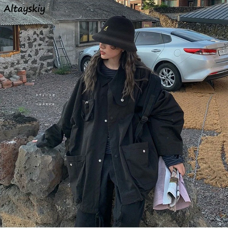 

Jackets Women New Spring Solid Baggy Big Pockets Harahjuku BF Streetwear Loose Casual Coats Cargo Style Couples Windbreaker Tops