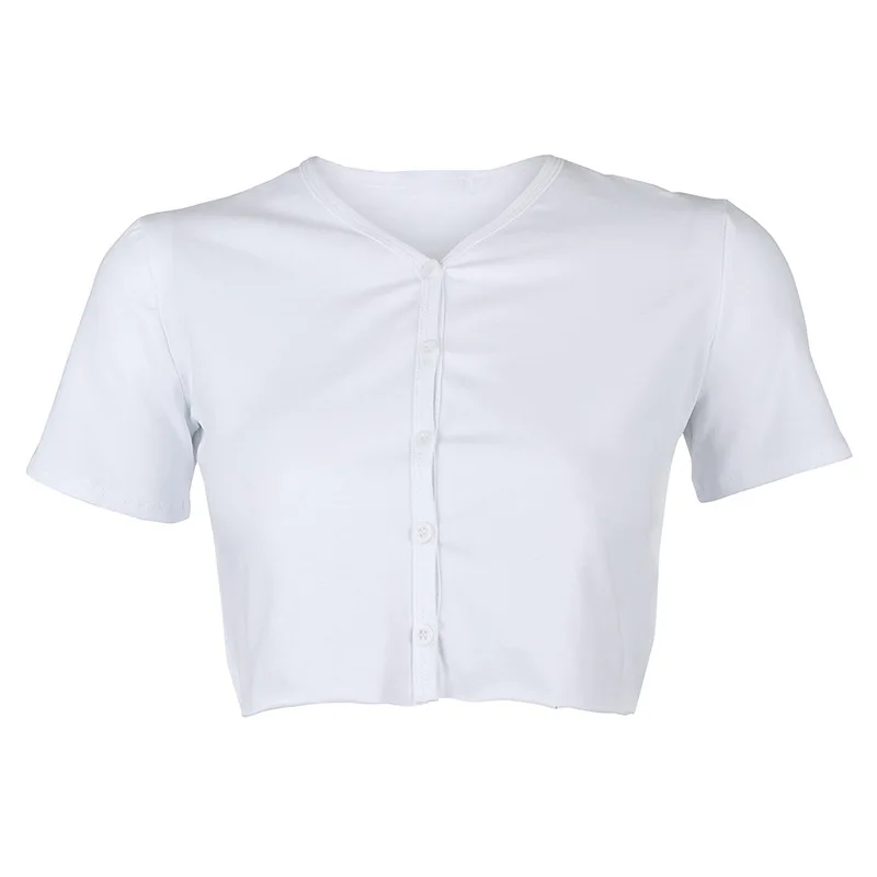

Paris Girl Summer Short-Sleeved Crop Tops T Shirt Outfits Women's Loose Casual V-Neck Solid Color Wild Cardigan White Tee Female