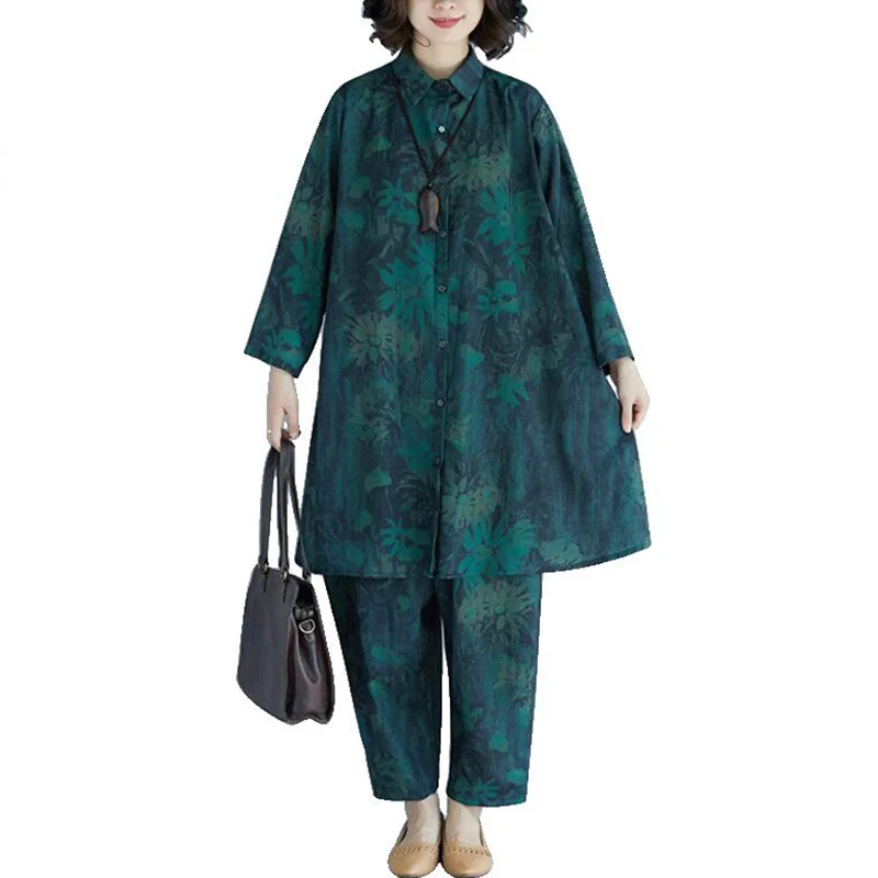 

Spring Women Two-Piece Suit Oversize Vintage Green Shirt And Wide Leg Pants Chinese Style Floral Printed Button Loose Casual Set