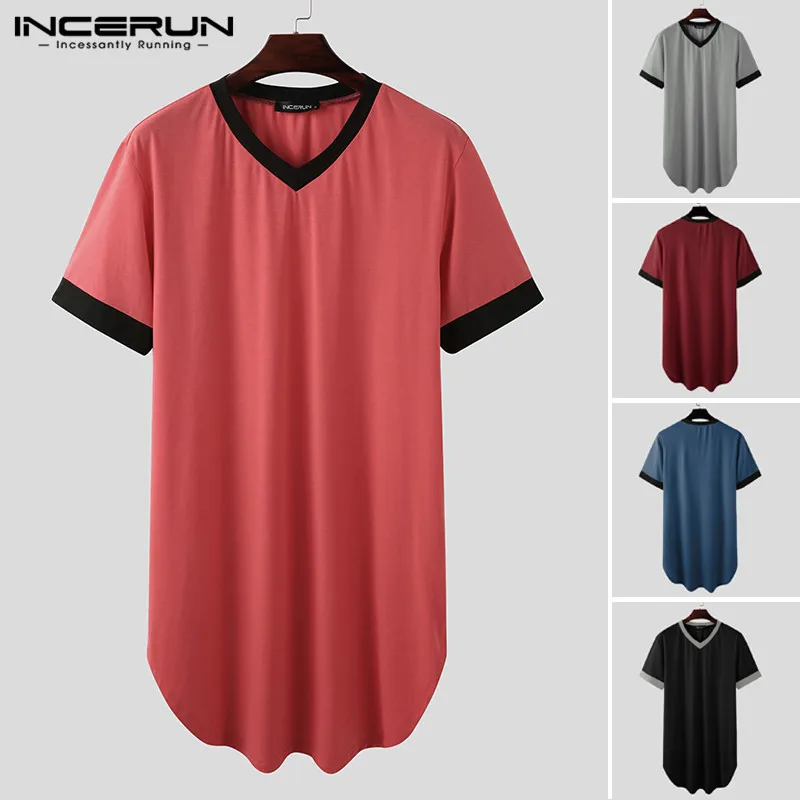 

INCERUN Men Sleep Robes Nightgown Short Sleeve V Neck Loose Homewear Comfortable Patchwork Dressing Gown Men Bathrobes Plus Size