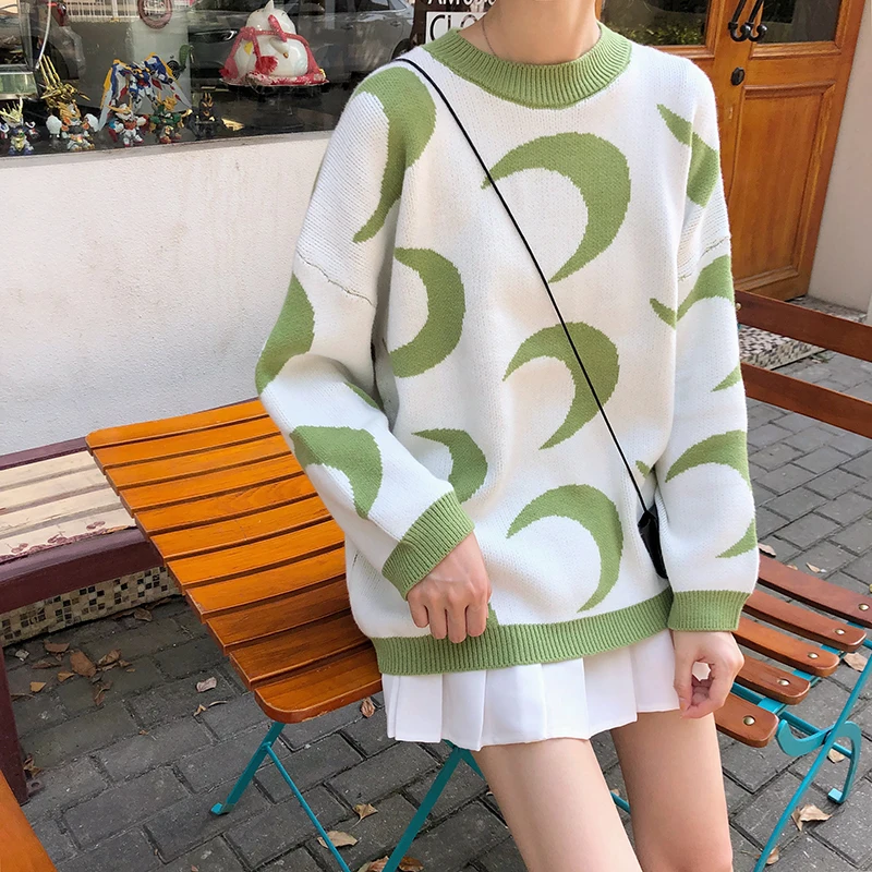 Women's Sweaters Kawaii Moon Pattern Sweater Knitted Female Harajuku Clothing for Women Casual Autumn Winter Loose Warm Pullover | Женская