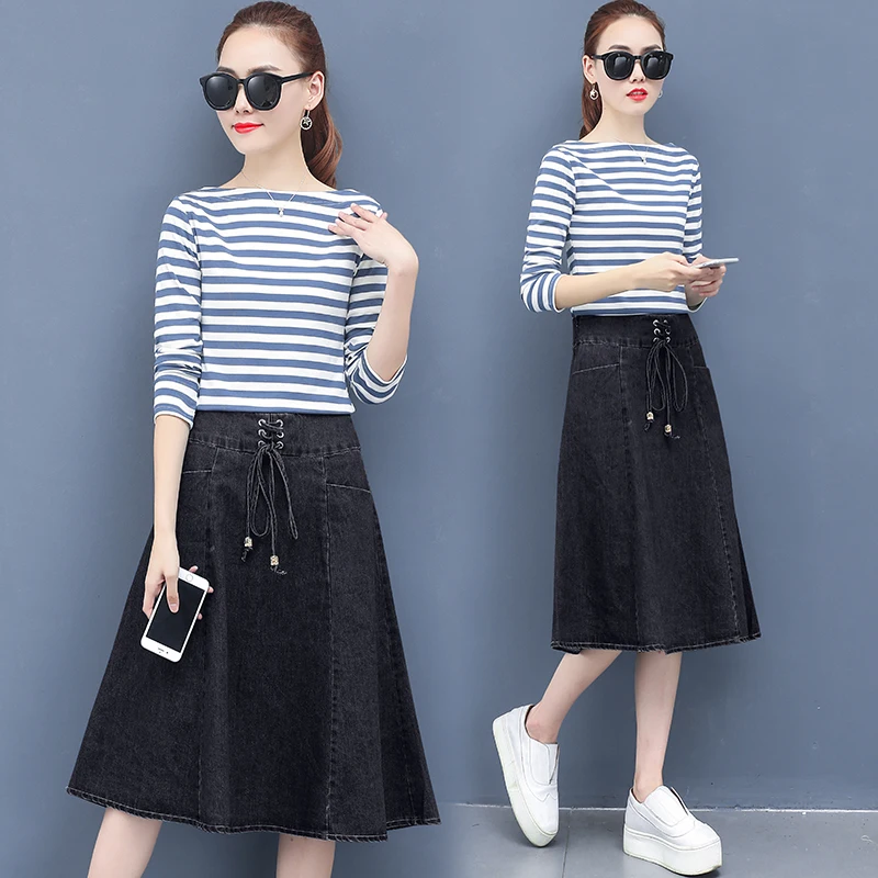 

Autumn Stripe Sweatshirt & Long Skirts Women New Casual Suit Korean Fashion Loose Leisure Jeans Denim Skirts Two-Piece Outfit