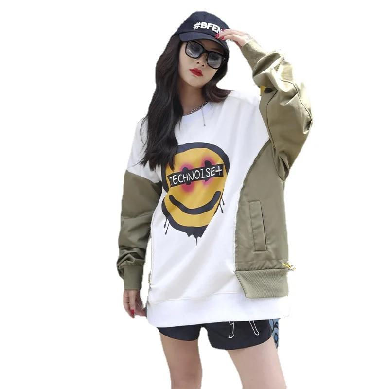 

2021 new Cartoon smiley sweatshirt women autumn Contrast color Splicing hoodies causal loose o neck long sleeve sweatshirts