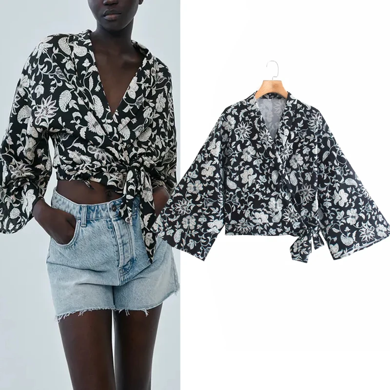 

Женский укороченный топ с цветочным принтом Za, черная винтажная блузка с запахом и длинным рукавом, модные элегантные блузки на осень, 2021