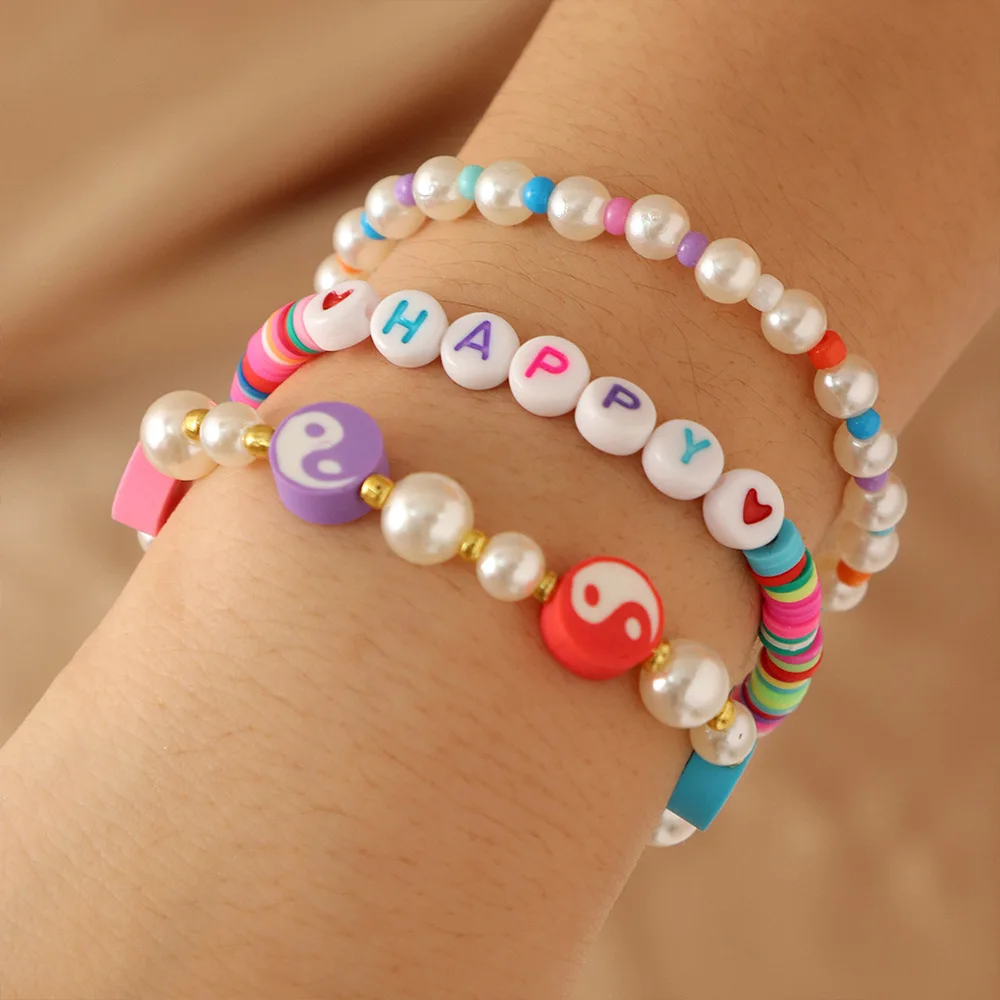 

3 Pcs/Set Bohemian White Imitation Pearl And Rainbow Color Soft Ceramic Round Bead Bracelet Women Wrist Chain Decorative Jewelry