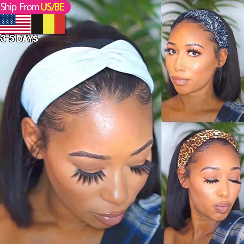 Прямой боб парик с головной повязкой человеческие волосы прямые парики для
