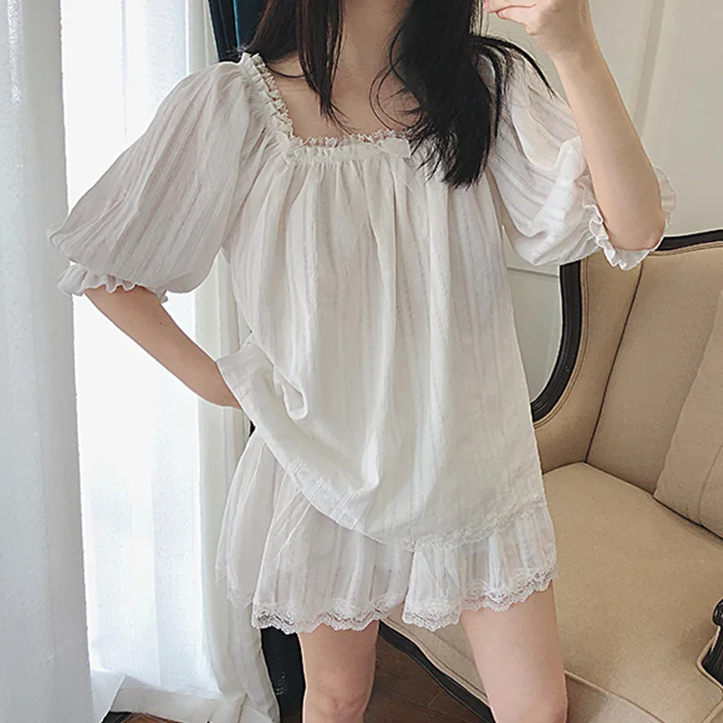 

Korean edition girl middle sleeve sweet princess pajamas square get court wind lovely home clothes shorts