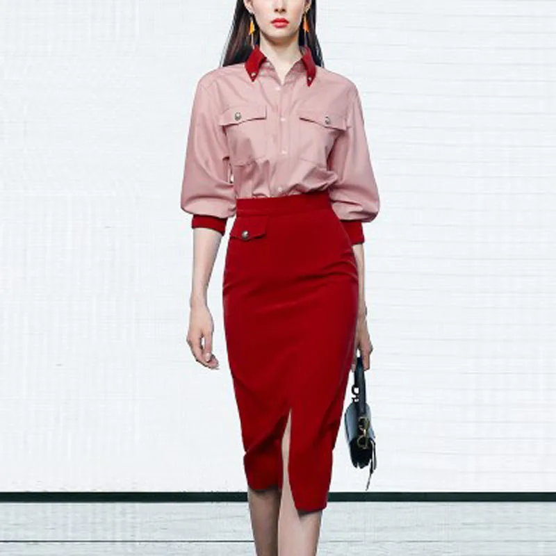 

Women Designers Spring Runway Two Piece Outfits Elegant Turn Down Collar Blouse and Pencil Skirt Suit Matching Set Office