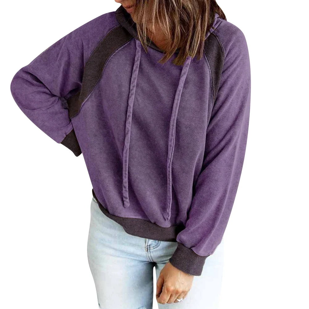 

Women Drawstring Round Neck Tops Long Sleeve Knitted Spliced Casual Spring Autumn Solid Color Lady Loose Female Hooded Pullover