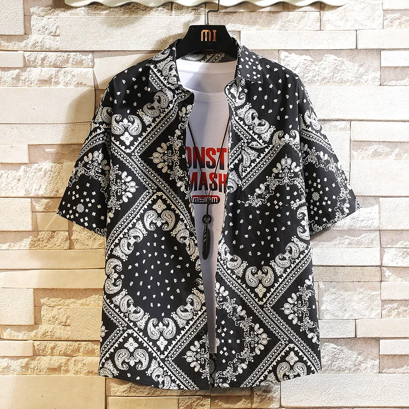 

Brand New 2021 Beach Summer Print Flower Black White Short Sleeves Hawaii Collar Korea Style Shirt For Men's Harajuku Clothing