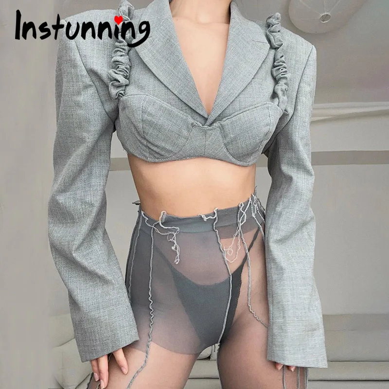 

Instunning Women Kinked Bra Match Crop Top 2021 Autumn Long Sleeve Slim Hollow Out Casual Streetwear Elegant Solid Female Top