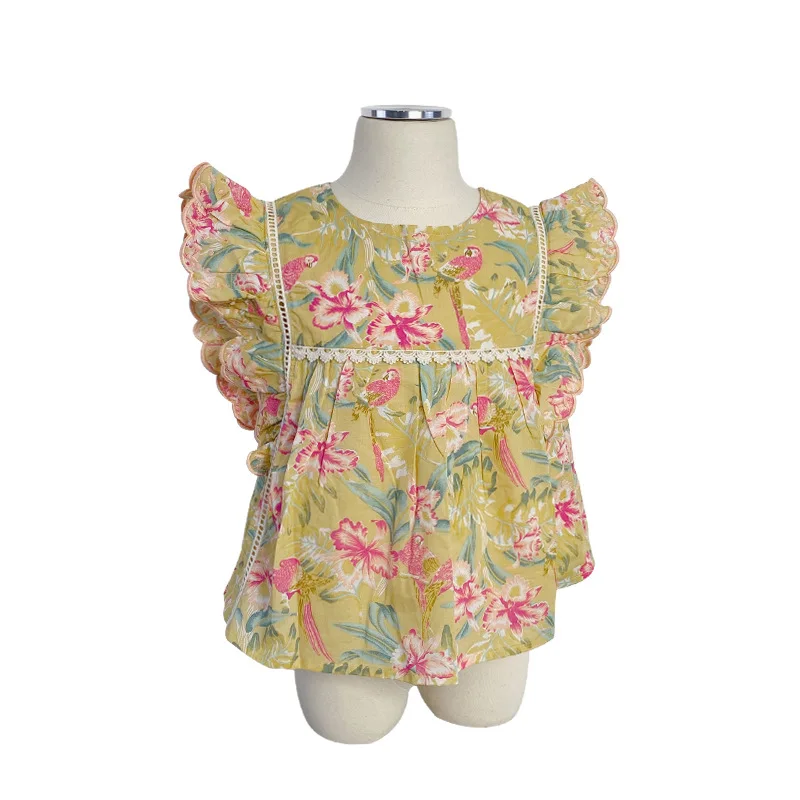 

LM Girls' tops 2021 spring and summer new products Nordic style children's lace short-sleeved floral shirt