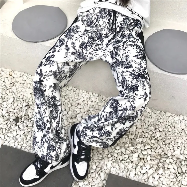 

Women's Casual High Waist Wide Leg Pants Streetwear Printed Loose Long Pants Ladies Vintage Trousers