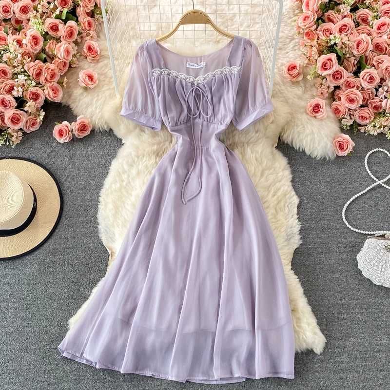 

Women Purple Lace Chiffon Midi Dress Summer Sexy Square Collar Short Sleeve High Waist Slim Casual Vestidos Female 2021 Fashion