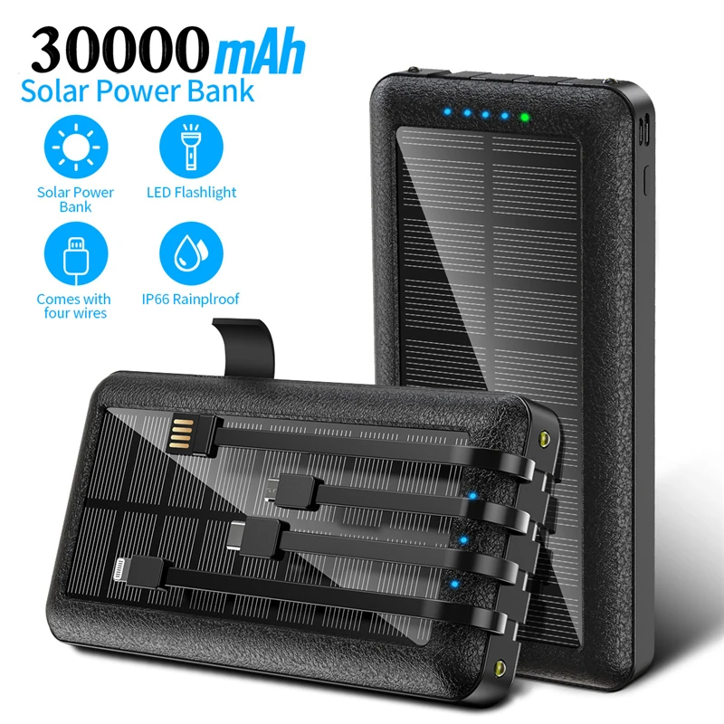 

Внешний аккумулятор на солнечной батарее, 30000 мАч, 4 кабеля