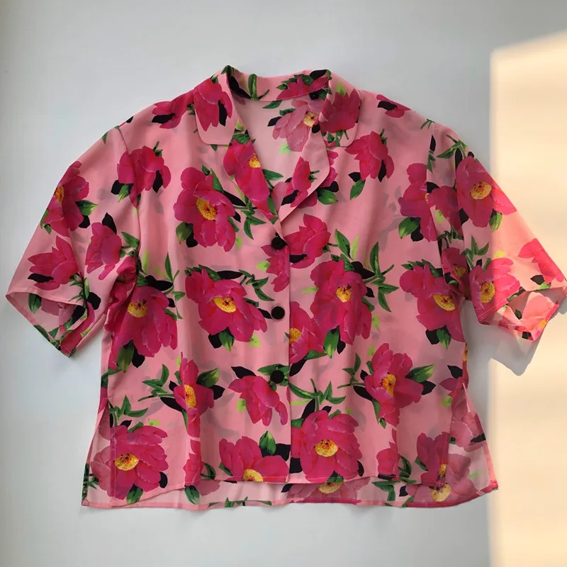 Новинка 2020 женская блузка из 100% шелка с цветочным принтом и коротким рукавом