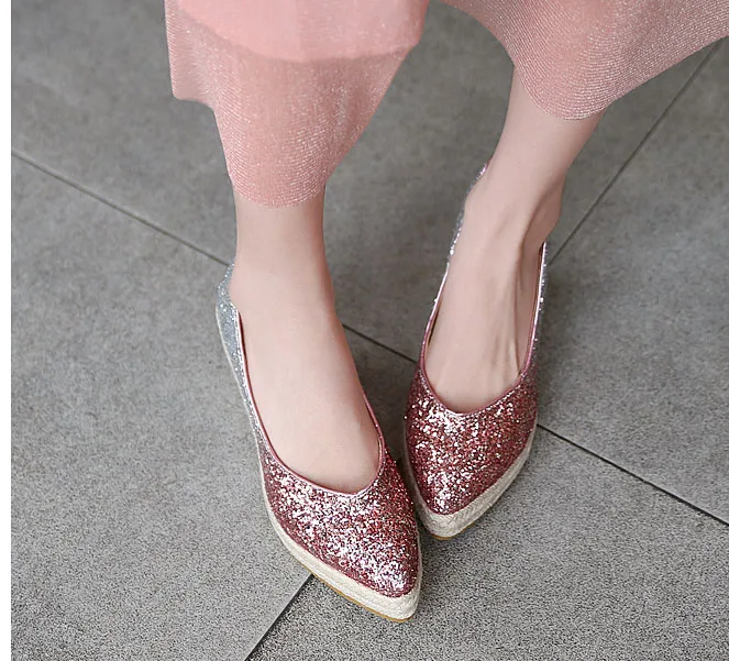 EAGSITY/обувь на танкетке с блестками Женские эспадрильи высоком каблуке Туфли