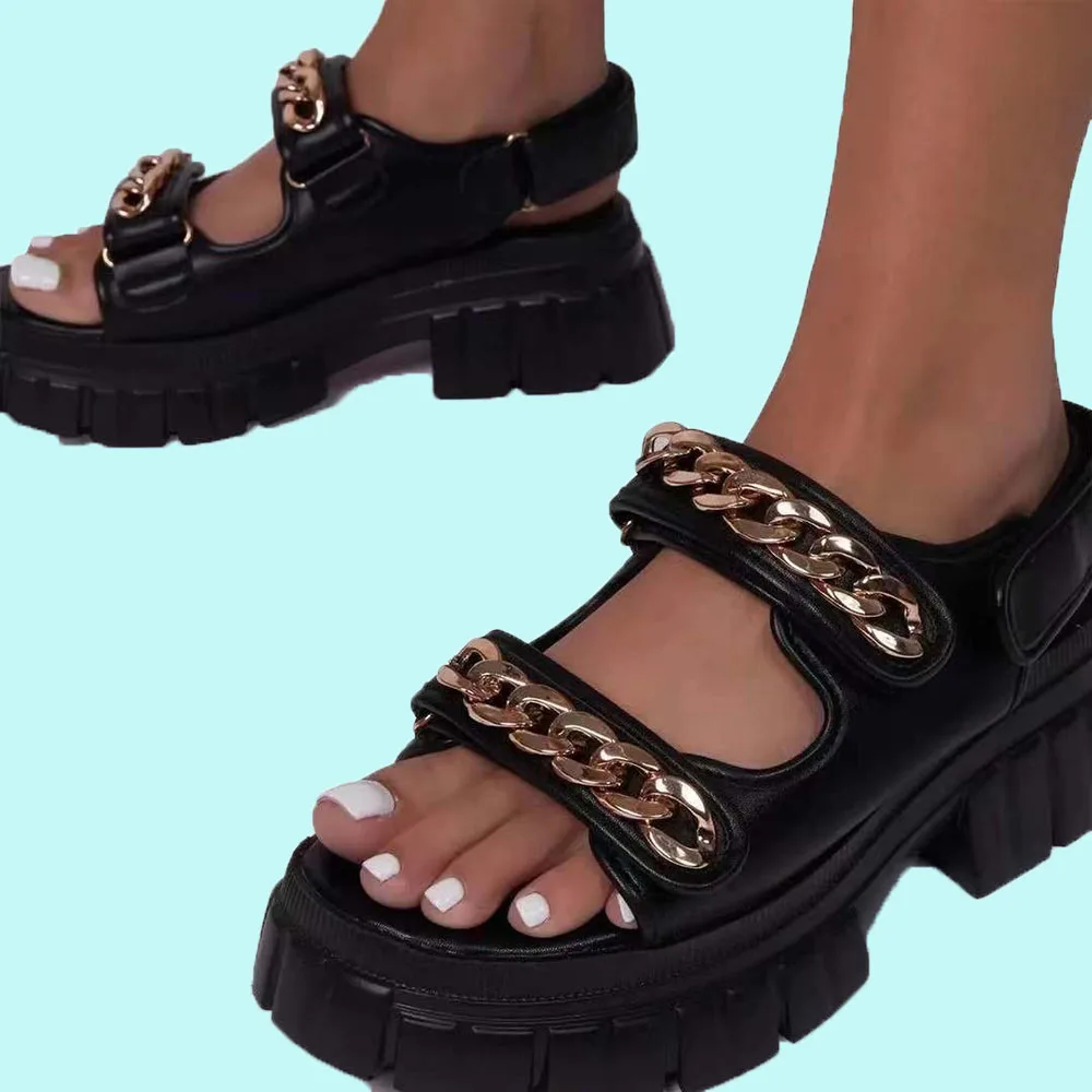 

2021 Summer New Increase Flat Sandals Thick Bottom Waterproof Platform Oversize Chain Velcro Casual Solid Color