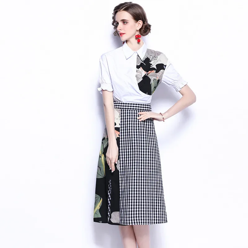 

Женский комплект из 2 предметов, белая блузка с коротким рукавом и клетчатая юбка-трапеция с разрезом