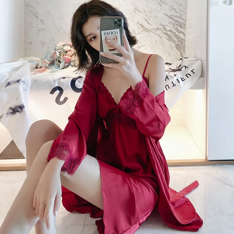 

2PCS Robe Set Gray Women Sleepwear Satin Sexy Homewear Kimono Gown Intimate Lingerie Lace Summer New Bathrobe Sleep Set