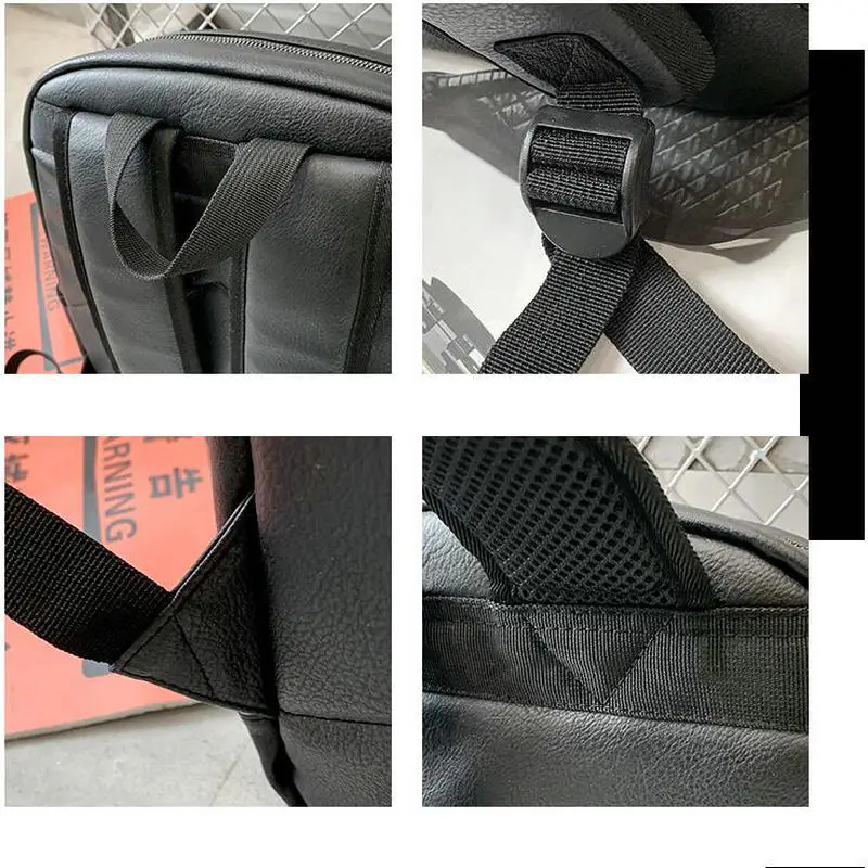 

PUOU 2019 new men backpack student black brown PU + nylon business travel bag male camo outdoor schoolbag double zipper pocket