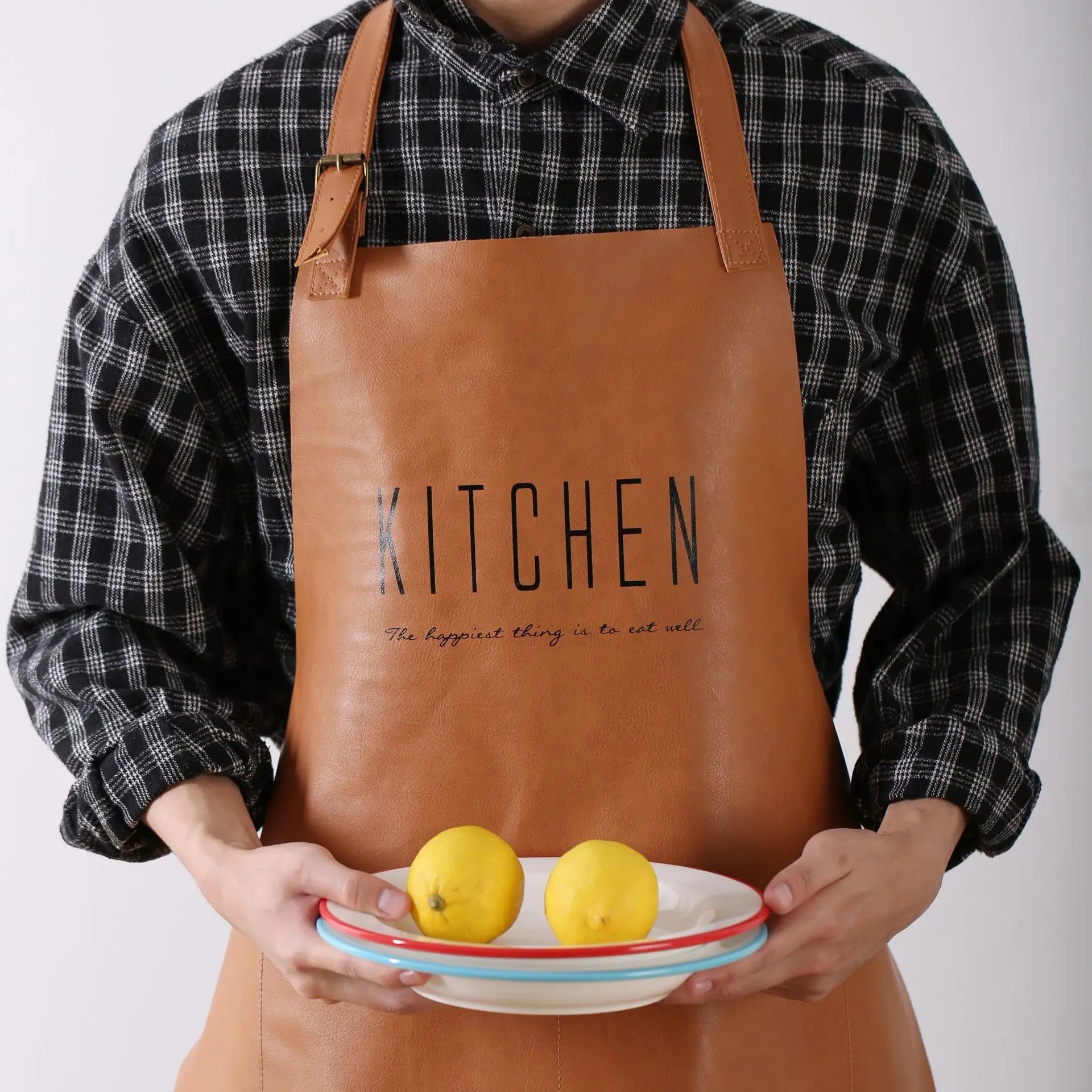 

Nordic English Letter Pattern Leather Waterproof Apron Anti-oil Adjustable Aprons Home Kitchen Tool for Cooking Baking Clean
