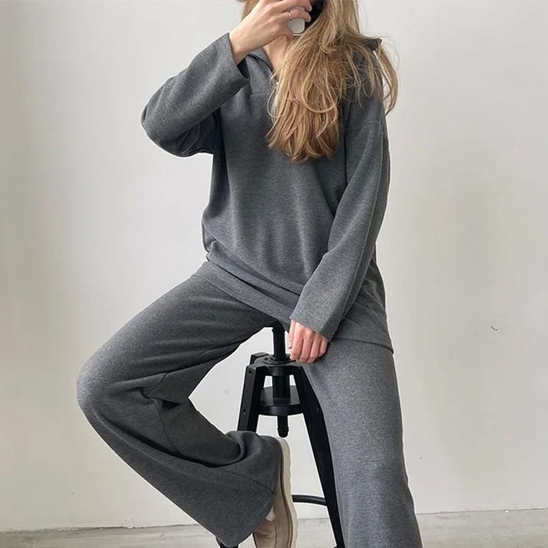 Women Elegant Two Piece Set Polo Collar Long Sleeve Hoodies Fashion High Waist Straight Trouser Suit Loose Warm Waffle Tracksuit |