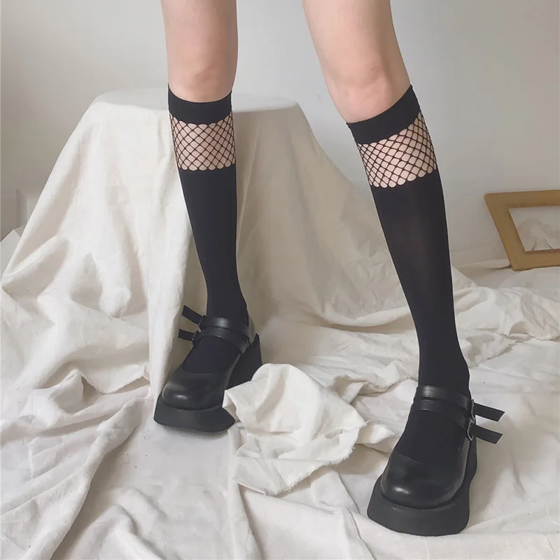 JK Black Stockings Women Patchwork Mesh High Knee Socks Female Lolita Long Socks Girls Dress Calcetine Medias