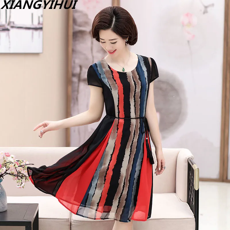 2018 женское летнее платье с принтом в полоску шифоновое ТРАПЕЦИЕВИДНОЕ ПЛАТЬЕ