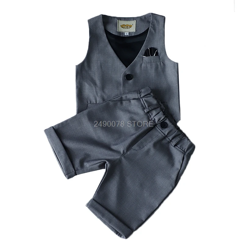 

Комплект детской одежды для свадьбы, летний деловой костюм для мальчиков из жилета и шортов, для выпускного вечера, детского сада, смокинга