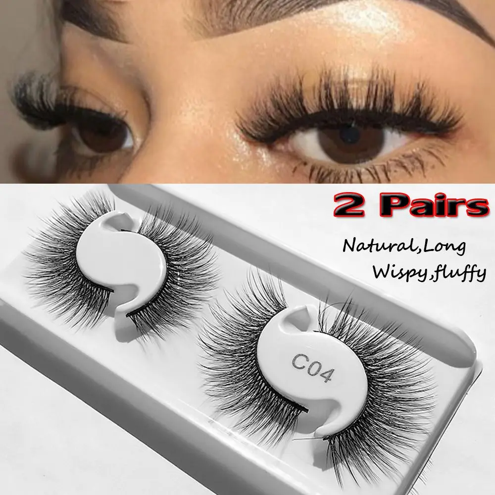 

SKONHED 2 Pairs Makeup Tools Reusable Wispy Volume Handmade 3D Faux Mink False Eyelashes Fluffy Soft Eye Extension