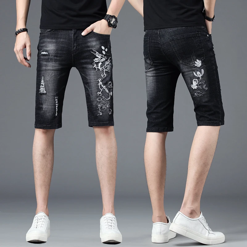 Джинсовые шорты в уличном стиле мужские модные рваные черные джинсы облегающие