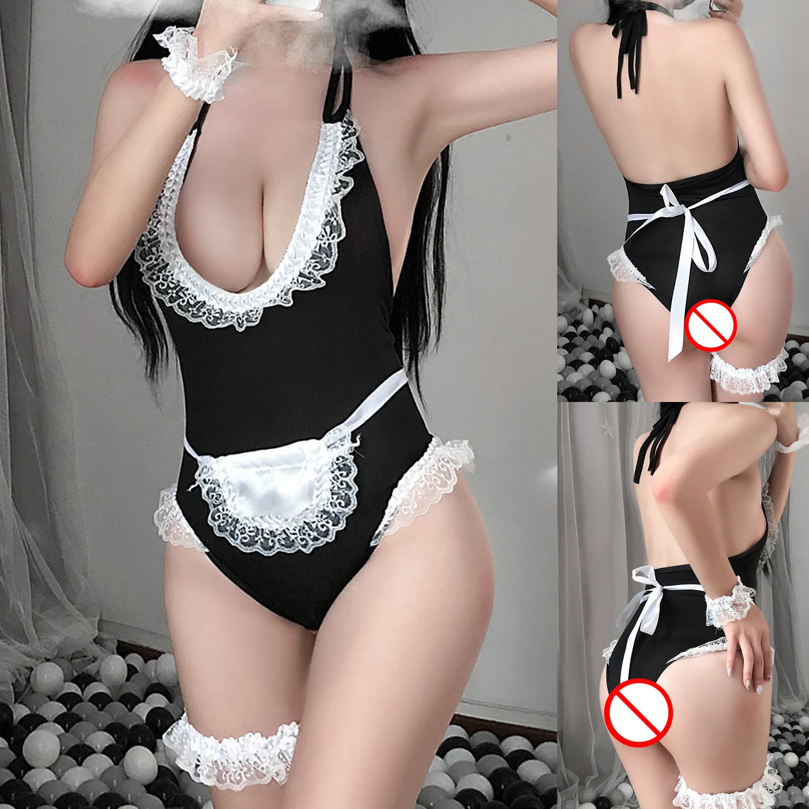 

Maid Role-play Dress for Women Sexy Lace Satin Lingerie G-String Strap Sexy Mini Bodysuit Babydoll Sleepwear disfraz mujer