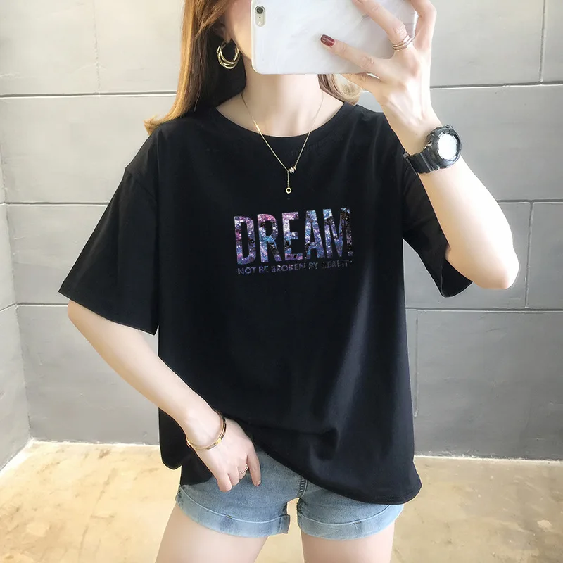 

New Style Cotton Plus Size Women's 2021 Summer Clothes Women's Wild Casual Letters Short-sleeved T-shirt Loose Blouses Kawaii