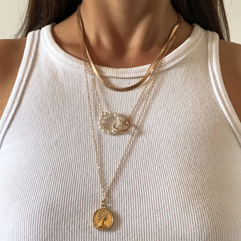 

Lacteo Vintage Imitation Pearls Round Choker Necklace Carved Coin Virgin Mary Statue Vintage Snake Stone Chain Pendant Necklace