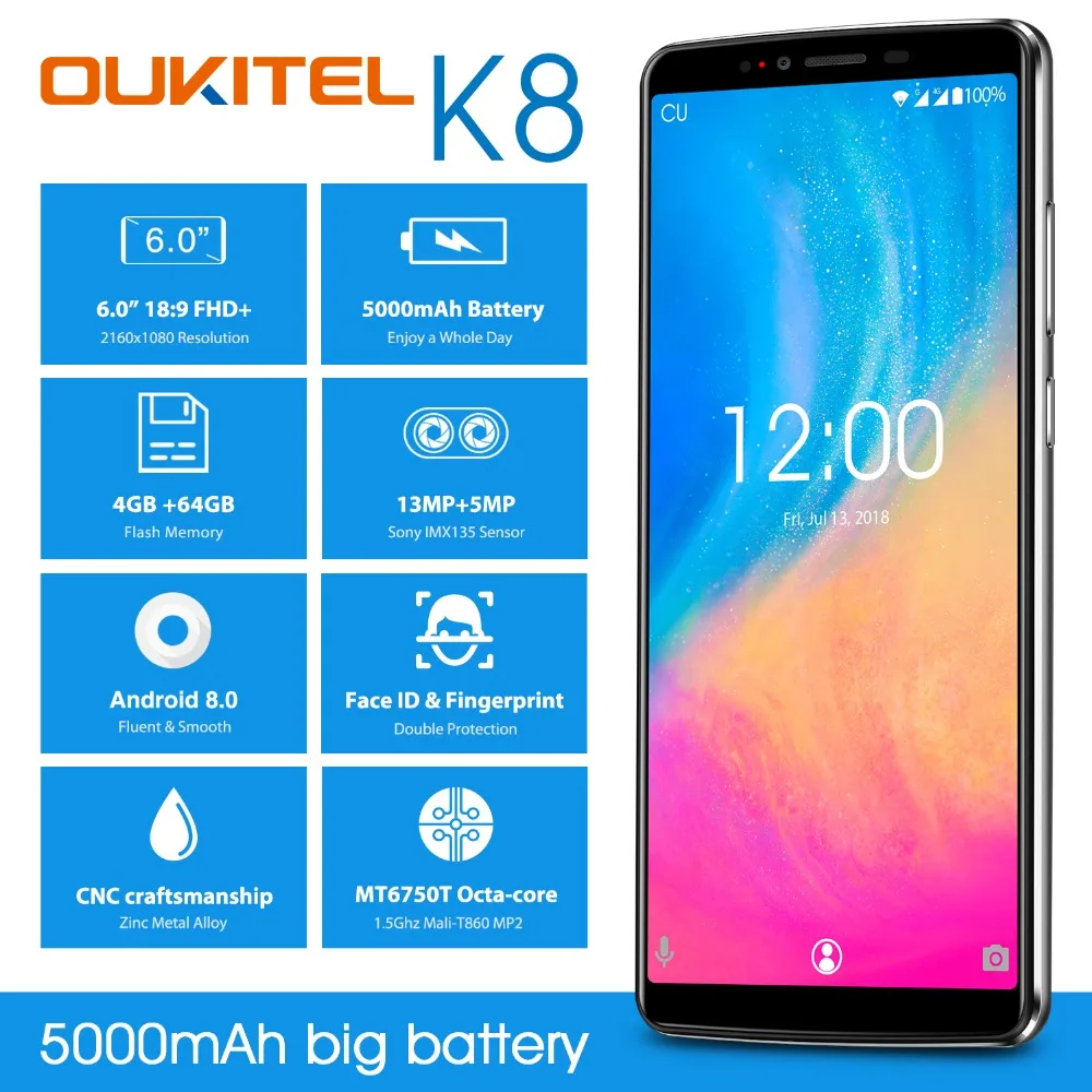 

OUKITEL K8 4G Mobile Phones 4GB+64GB MT6750T Octa Core Smartphone 5000mAh Face ID 6.0 inch Fingerprint Android 8.0 Cell Phone