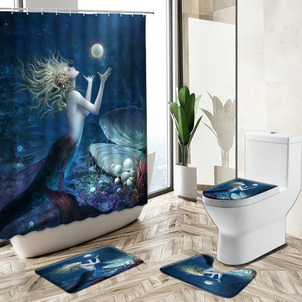 Prezzo Mermaid Ocean Scenery Tenda Da Doccia Donna Sexy Mare Vista Al Tramonto Decorazioni Per Il Bagno Tappeto Antiscivolo Coperchio Del Coperchio Del Water Set Di Tappetini Da Bagno