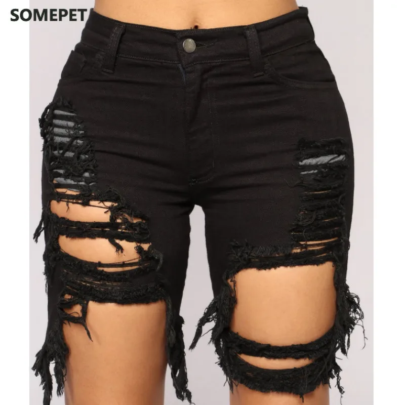 

Summer Sexy Clothing Women Denim Ripped Shorts High Waist Holes Draped Destroyed Stretch Bodycon Pencil Slim Shorts Club Street