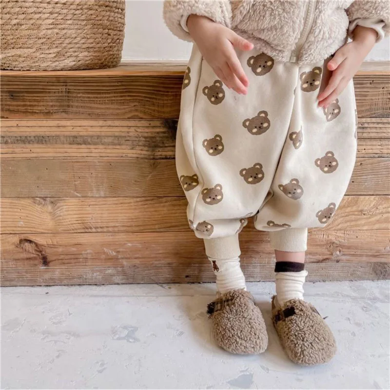 Pantalones bombachos con estampado de oso para ni&ntilde;os y ni&ntilde;as, calzas informales c&aacute;lidas de forro polar, ropa holgada de dibujos animados, novedad de invierno, 2021-0