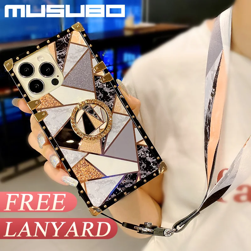 Musubo Luxury Flowers Case For iPhone 14 13 Pro Max 12 Mas 11 XR Fundas Lanyard Cover For iPhone Xs X 8 Plus 7 Laser Coque Capa