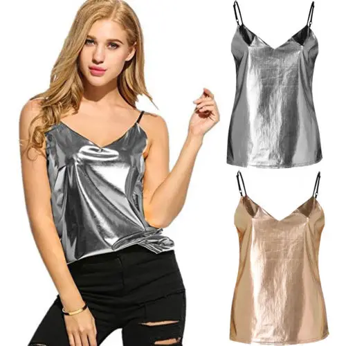 Топ женский золотистый/серебристый однотонный с V образным вырезом без