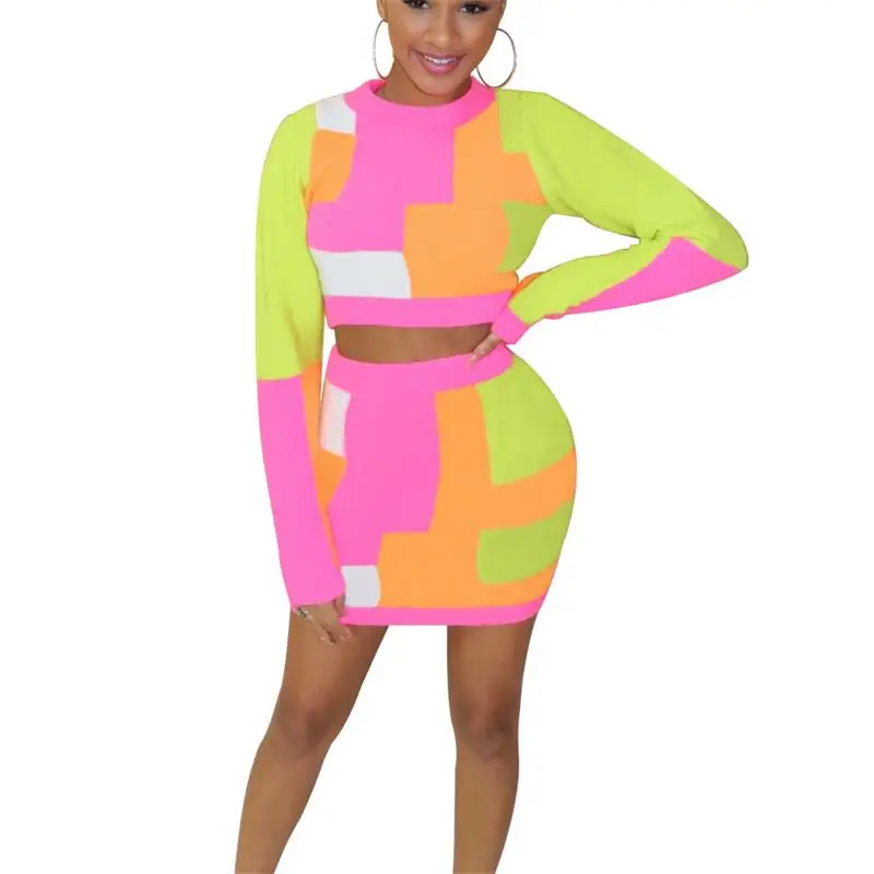 

Fashion patchwork color casual 2 piece dress autumn long sleeve short top and mini skirts street wear lady outfit F132G