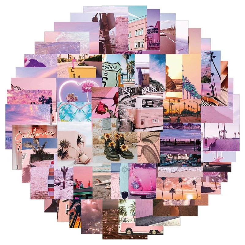 

62Pcs INS Style Pink Landscape Stickers For Aesthetic California Sunshine Decals Luggage Laptop Skateboard Phone Sticker